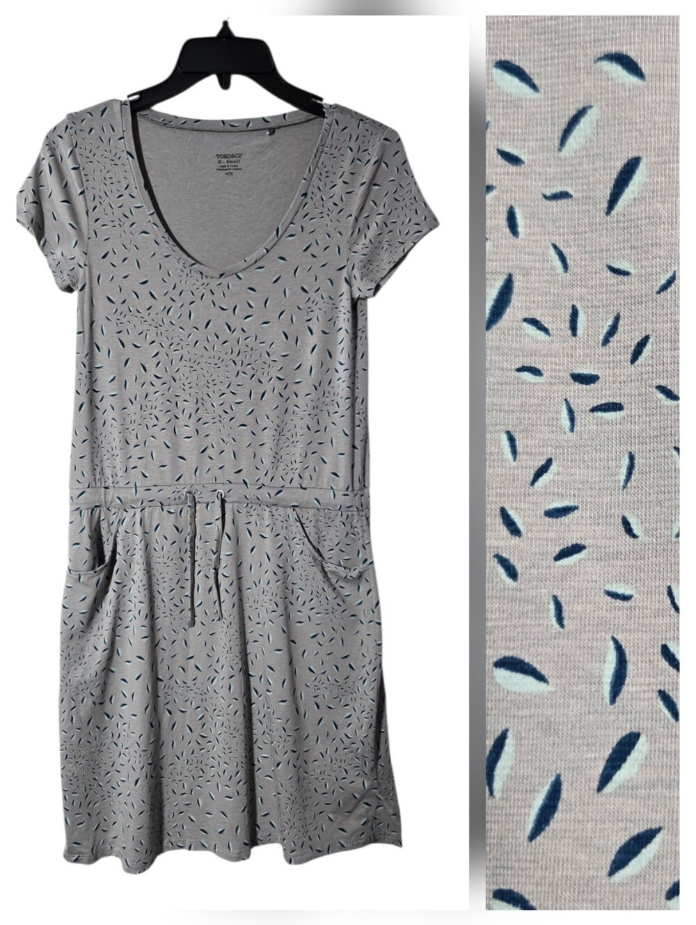 Toad & Co Tica Dress Gray Leaf Organic Cotton Blend Drawstring Waist Pockets XS